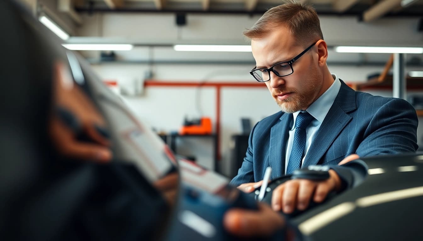 Kfz Sachverständiger Düsseldorf überprüft ein Fahrzeug in einer modernen Garage mit präzisen Werkzeugen.