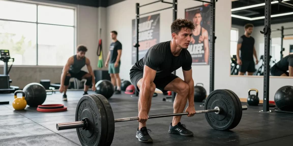 Aktives Training im Astera Shop mit einem Athleten, der Gewichte hebt, umgeben von Fitnessgeräten.