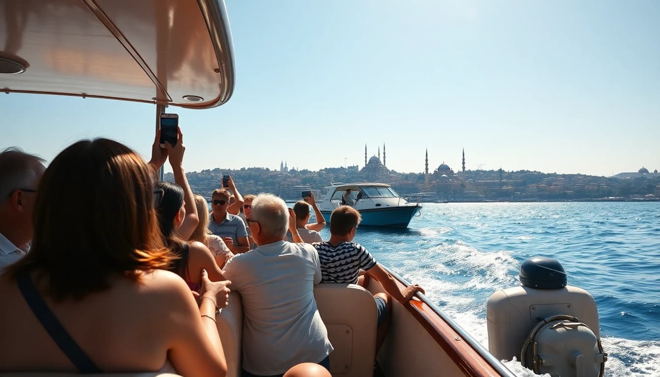 Bosphorus daytime cruise with tourists enjoying scenic views of Istanbul's skyline.