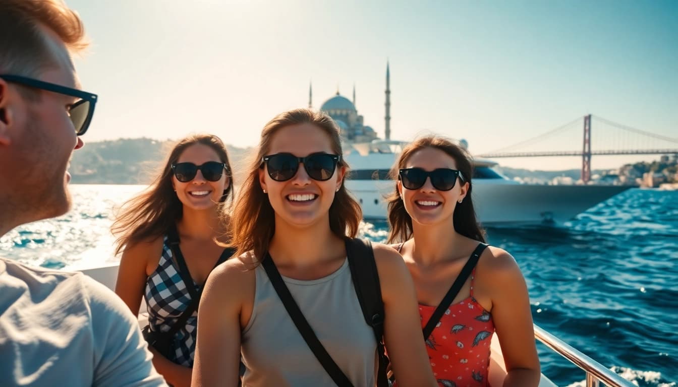 Bosphorus daytime cruise with tourists enjoying stunning views of Istanbul's skyline.