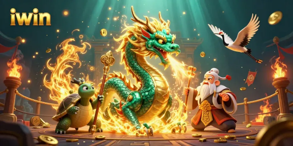 Engage in thrilling iwin casino battles with a majestic emerald dragon, wise turtle, and lucky cranes.