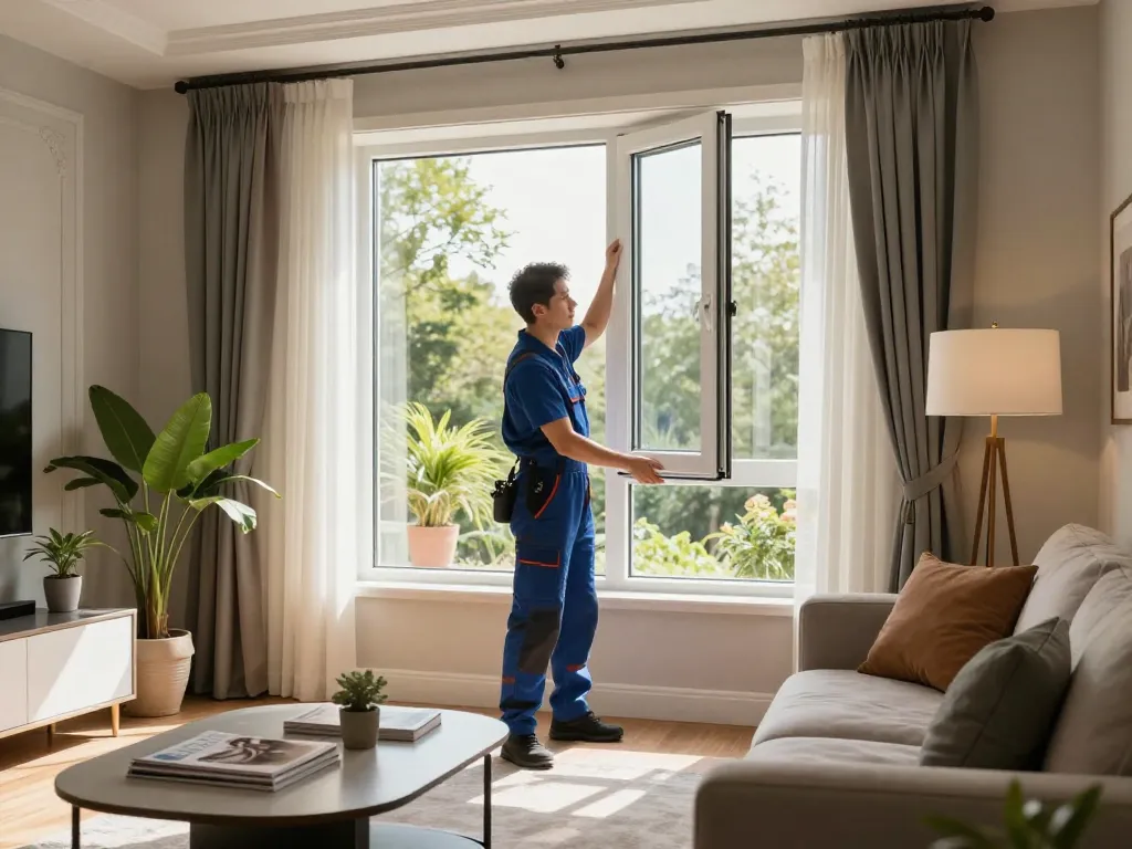 Professioneller Installateur, der moderne Fensterbau in einem eleganten Wohnzimmer einbaut.
