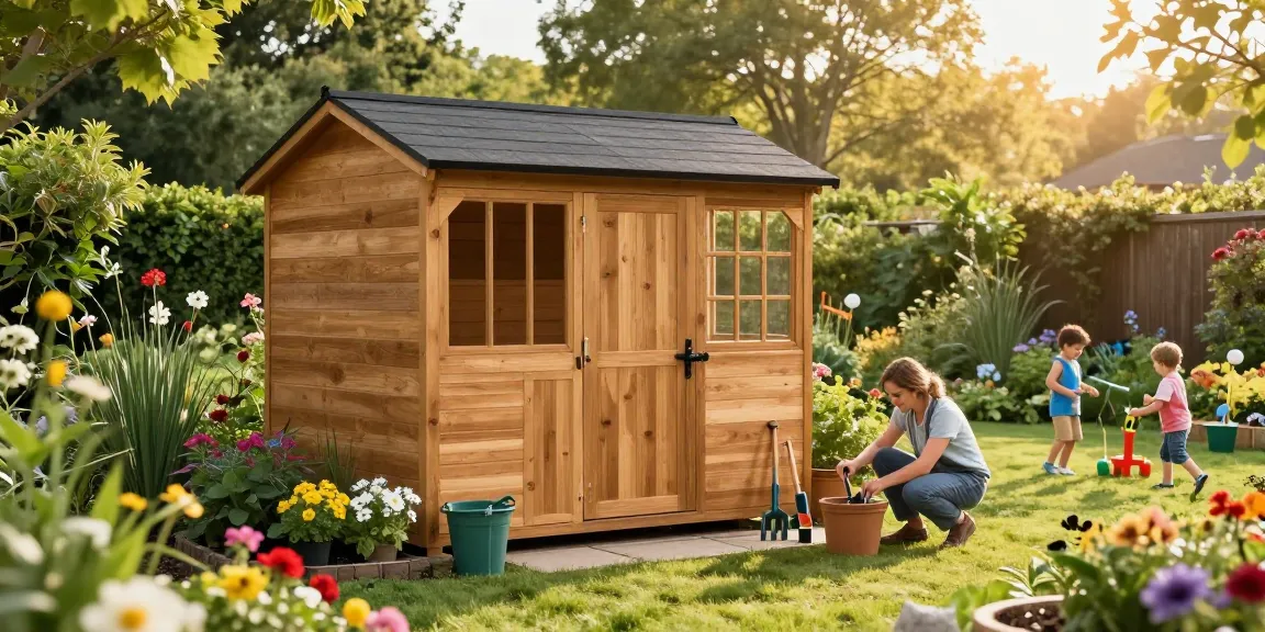 Gartenhäuser im Garten, Holzschuppen umgeben von Blumen und spielenden Kindern