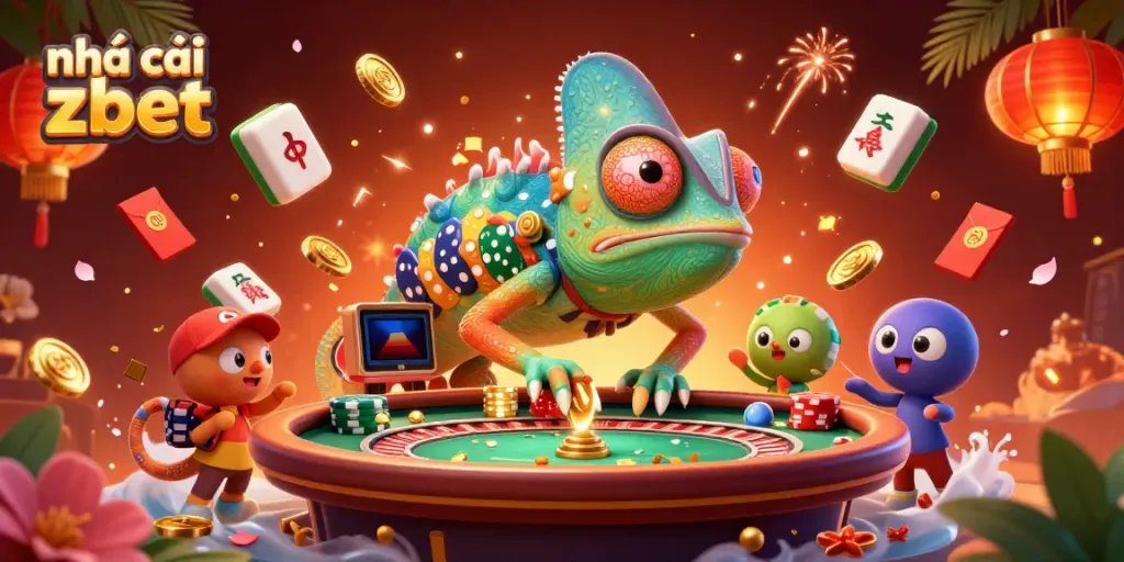 Experience vibrant gaming at Nhà cái zbet with a chameleon-themed colorful casino scene.