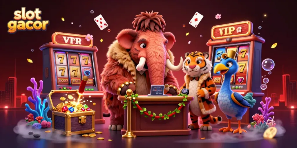Experience jackpot thrills in a vibrant slot gacor illustration with a woolly mammoth bouncer.