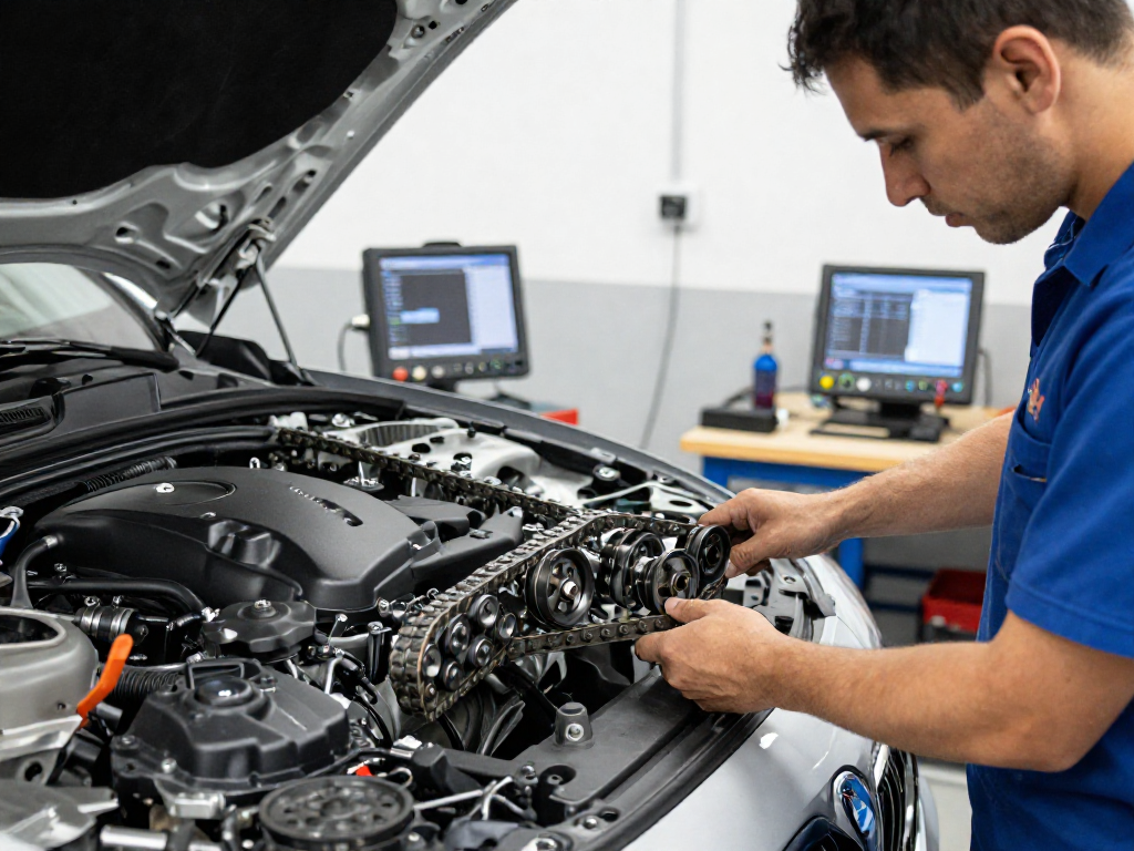Professionelle Inspektion der BMW Steuerkette wechseln in einer KFZ-Werkstatt.