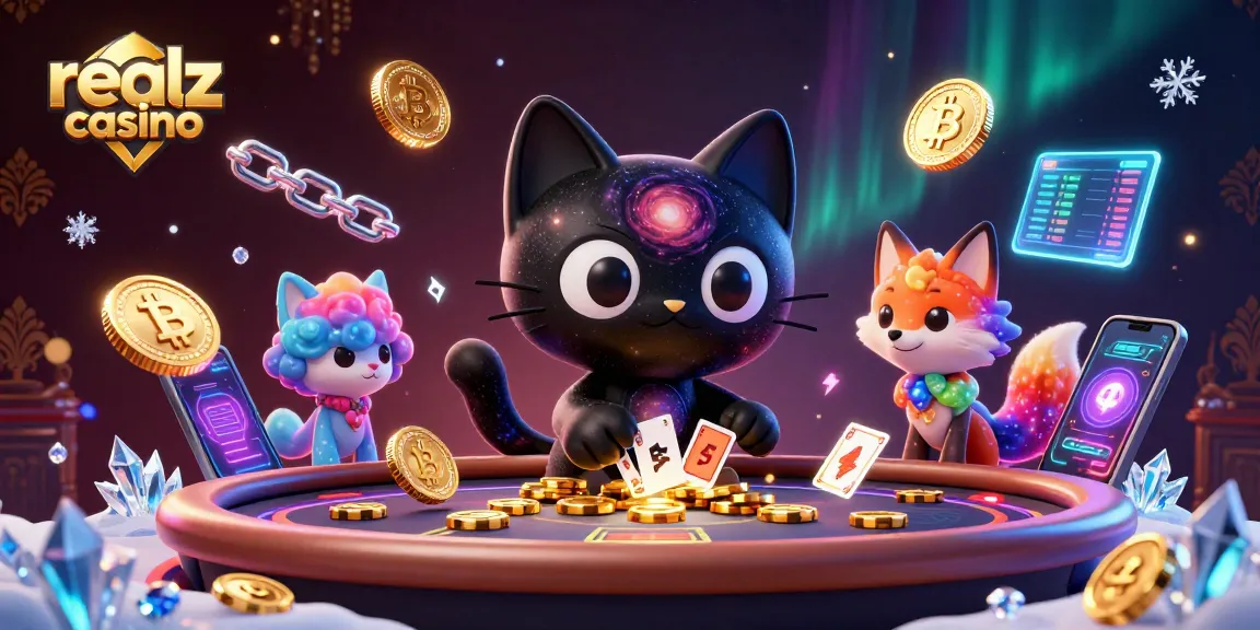 Experience thrilling wins at realz casino with a cosmic gaming scene full of vibrant elements and crypto icons.