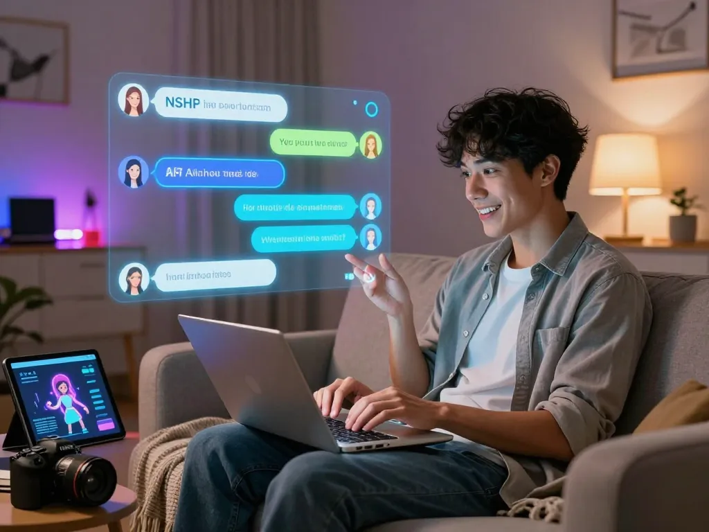 A user engaging with an NSFW chat bot on a laptop in a cozy home setting, showcasing playful and interactive digital conversation.