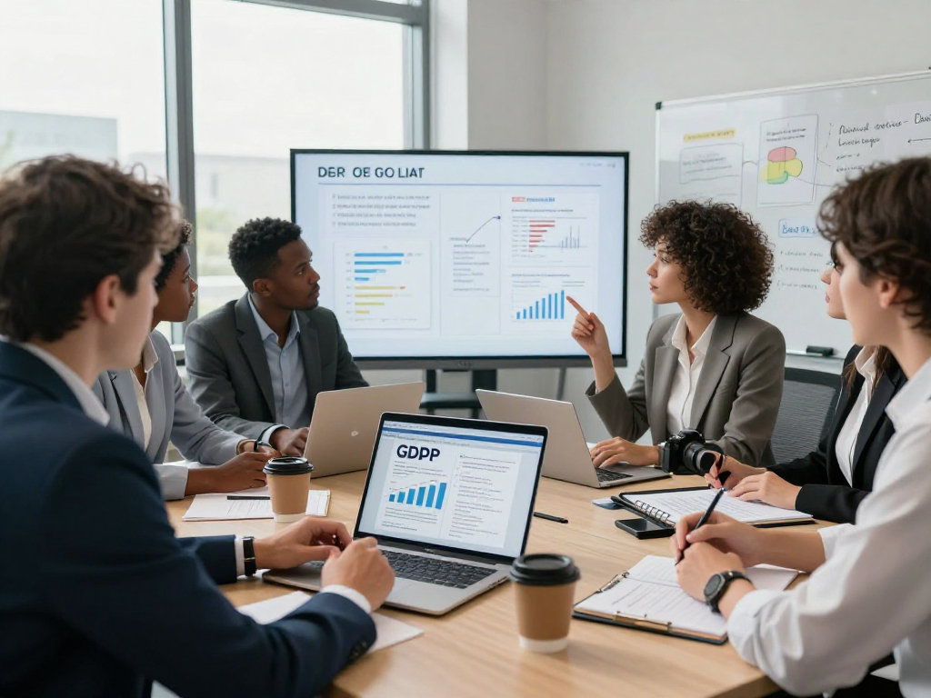 Wissen / Blog-Hub: Team bespricht DSGVO-konforme Datenschutzstrategien im Büro