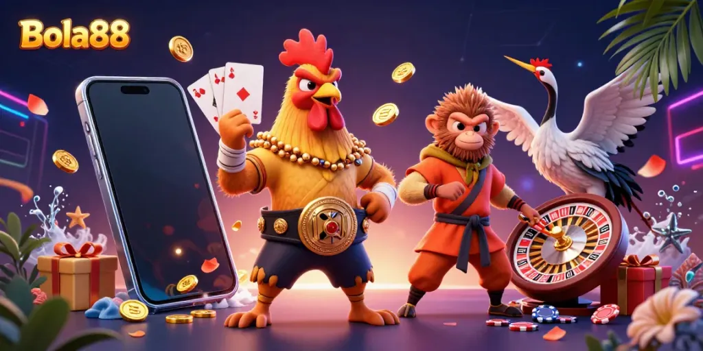 Bola88 showcases a vibrant 3D illustration of a Muay Thai rooster, Shaolin monkey, and wise crane amidst casino elements, embracing the thrill of gambling.