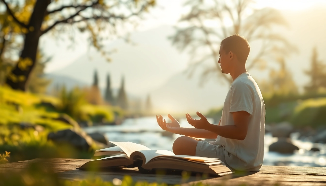 Schutzgebet visualisiert durch eine Person im meditativen Gebet, umgeben von Natur.