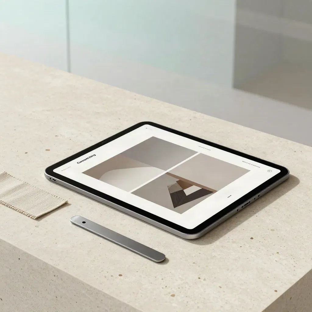 Website-Launch-Set mit Tablet, Proof-Karte, Leinenstreifen und Metallspacer auf Travertin.