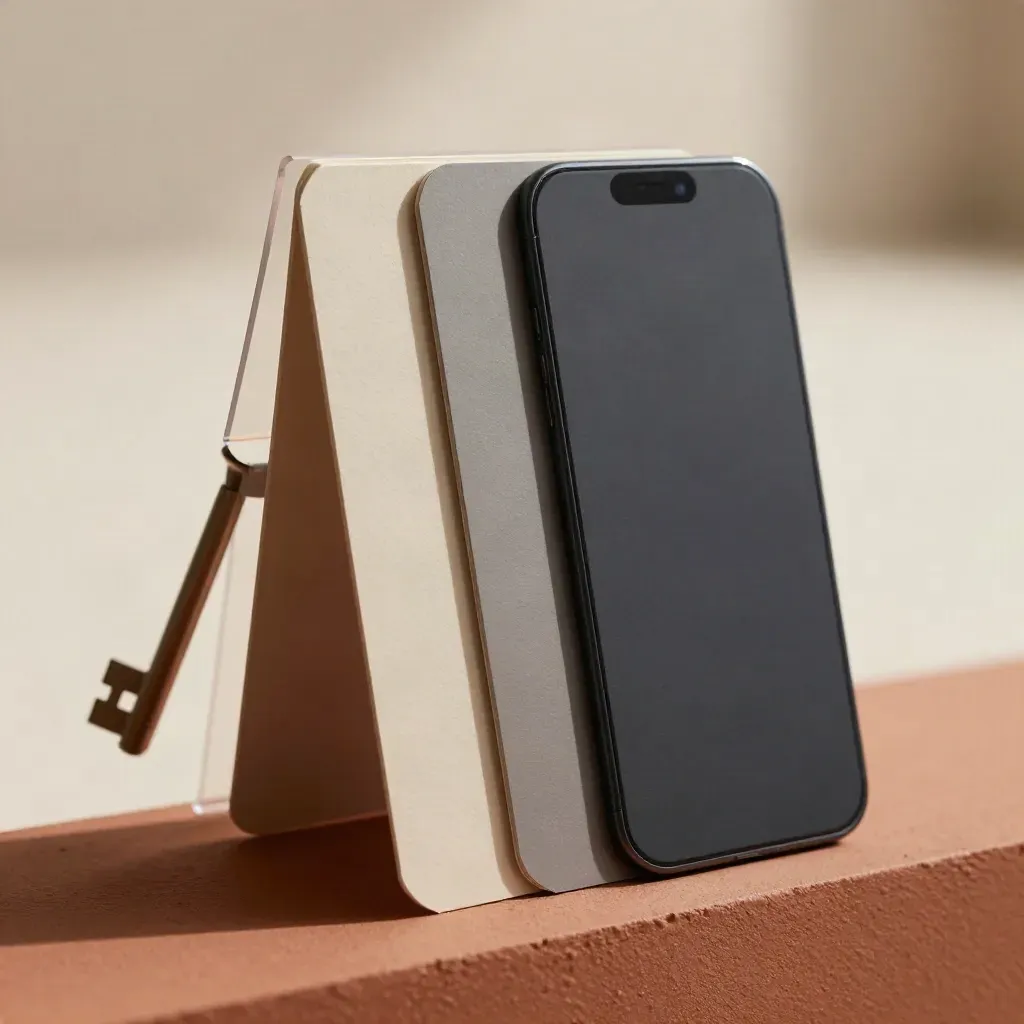 Makro von drei Karten, Acetat-Trenner und dunkler Phone-Slab in gestaffelter Anordnung.