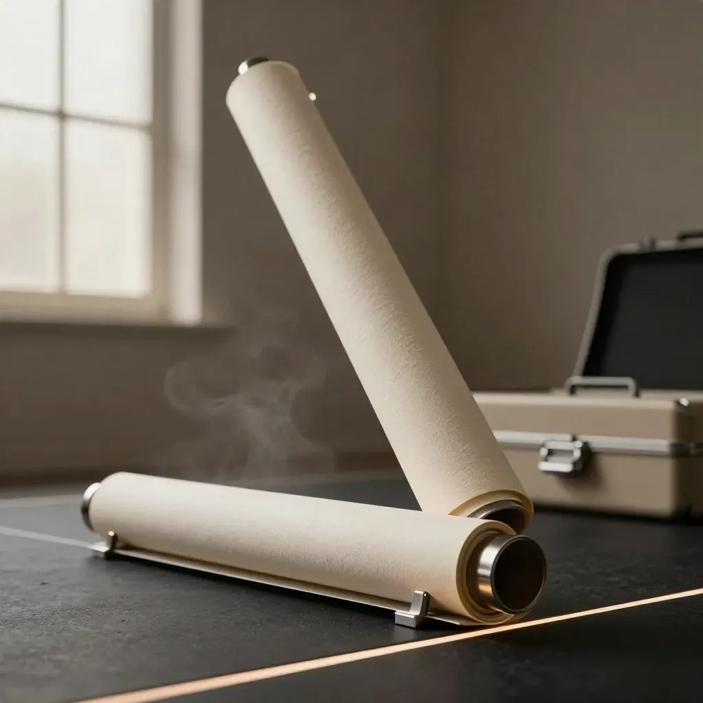 Roll-up-Banner-Bundle mit Standfuß und Proofrolle auf dunklem Studioboden, dramatisch beleuchtet.