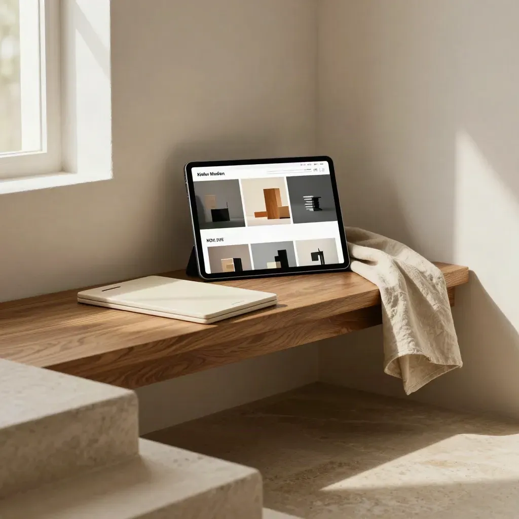 Tablet mit Website-Modulen auf hellem Putz, Holzbank und Treppenschatten im Morgenlicht