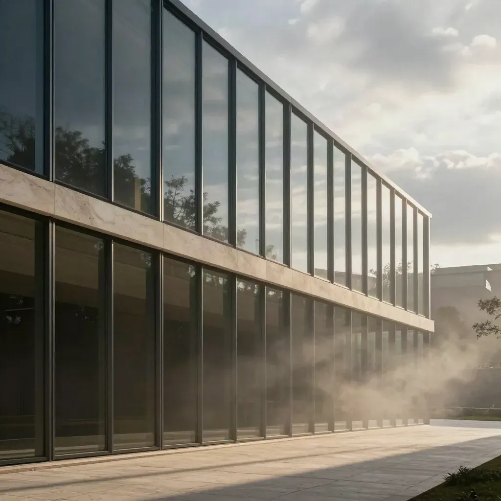 Glasatrium mit diagonalen Schatten und heller Reflexionsfläche unter Wolken.