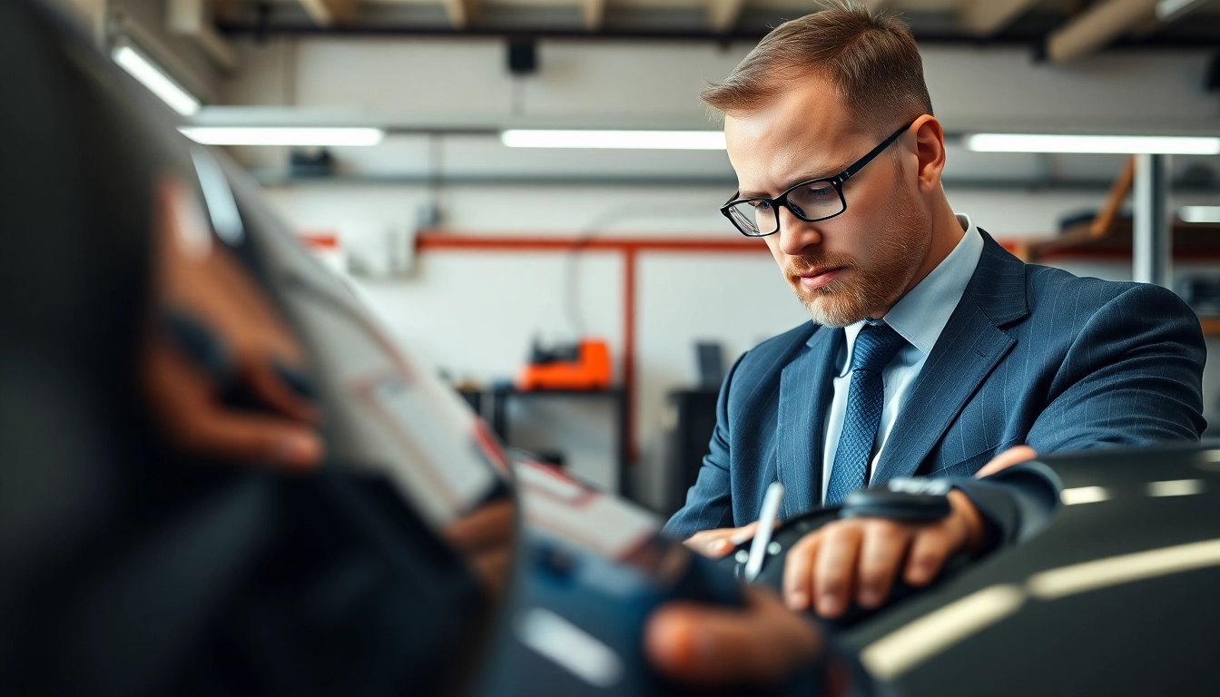 Kfz Sachverständiger Düsseldorf überprüft ein Fahrzeug in einer modernen Garage mit präzisen Werkzeugen.