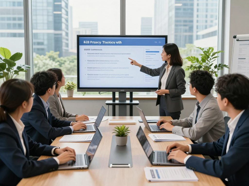 Wissen / Blog-Hub team discussing GDPR-compliant B2B lead tracking strategies in a professional office setting.