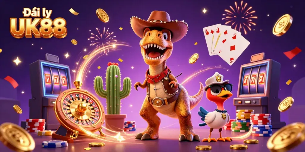 Experience thrilling gaming at Đại lý UK88 with vibrant 3D characters and casino elements.