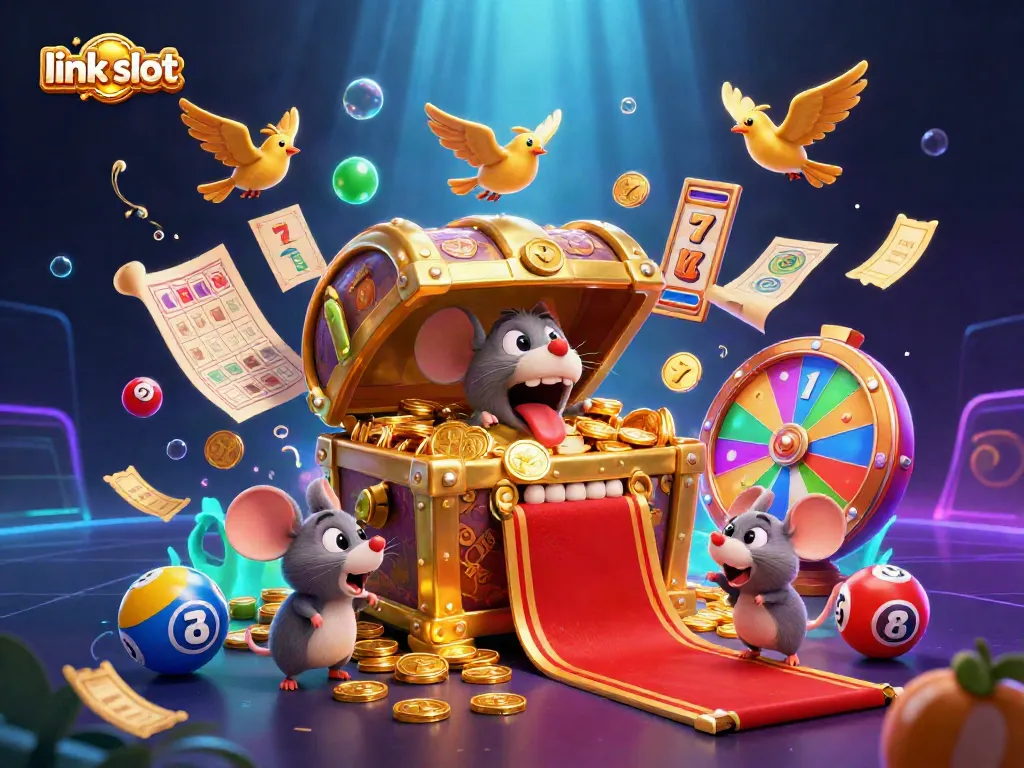 Experience excitement playing link slot games with a golden treasure chest and dynamic casino-themed elements.