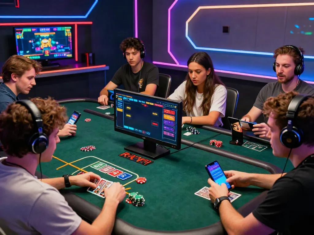 Dynamic players engaging in live casino games at cổng game rikvip, showcasing excitement and modern technology.