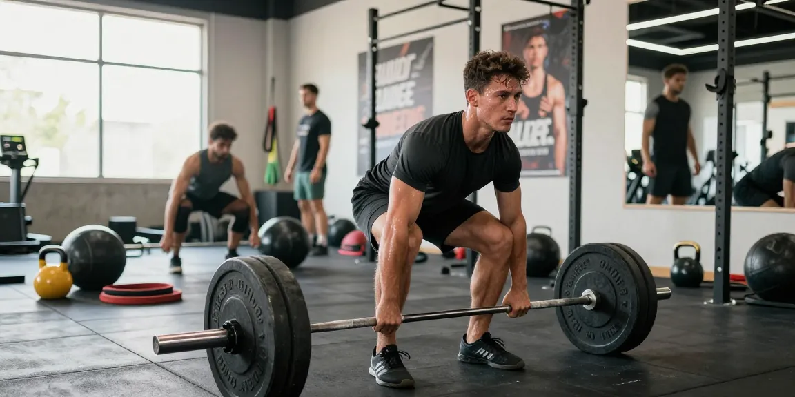 Aktives Training im Astera Shop mit einem Athleten, der Gewichte hebt, umgeben von Fitnessgeräten.