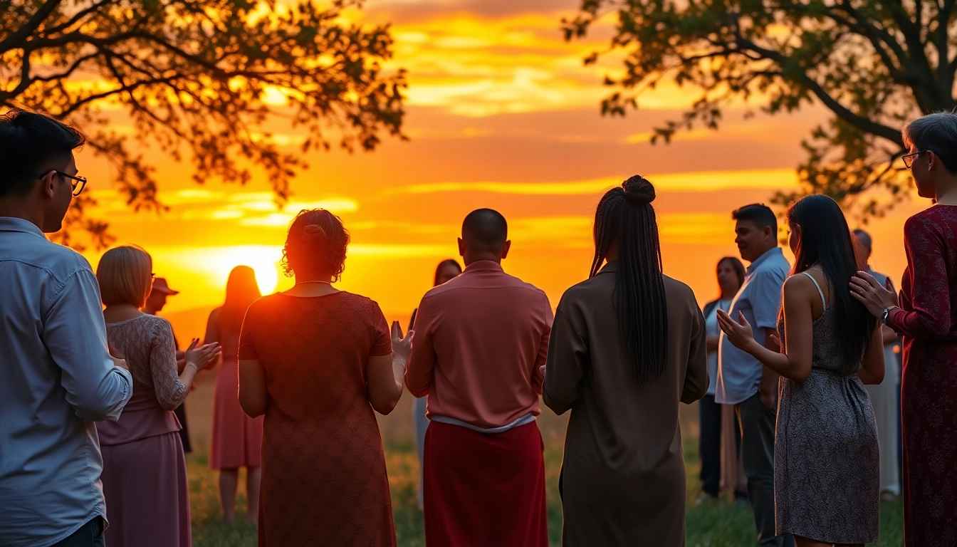 Das schutzgebet in einer spirituellen Versammlung im Freien mit Teilnehmern in Andacht.