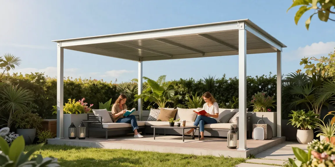 Freistehende Terrassenüberdachung in einem einladenden Garten mit modernen Möbeln und Sonnenschein.