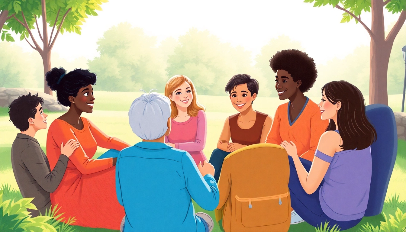 Mental health awareness conversation in a serene park with diverse individuals supporting each other.