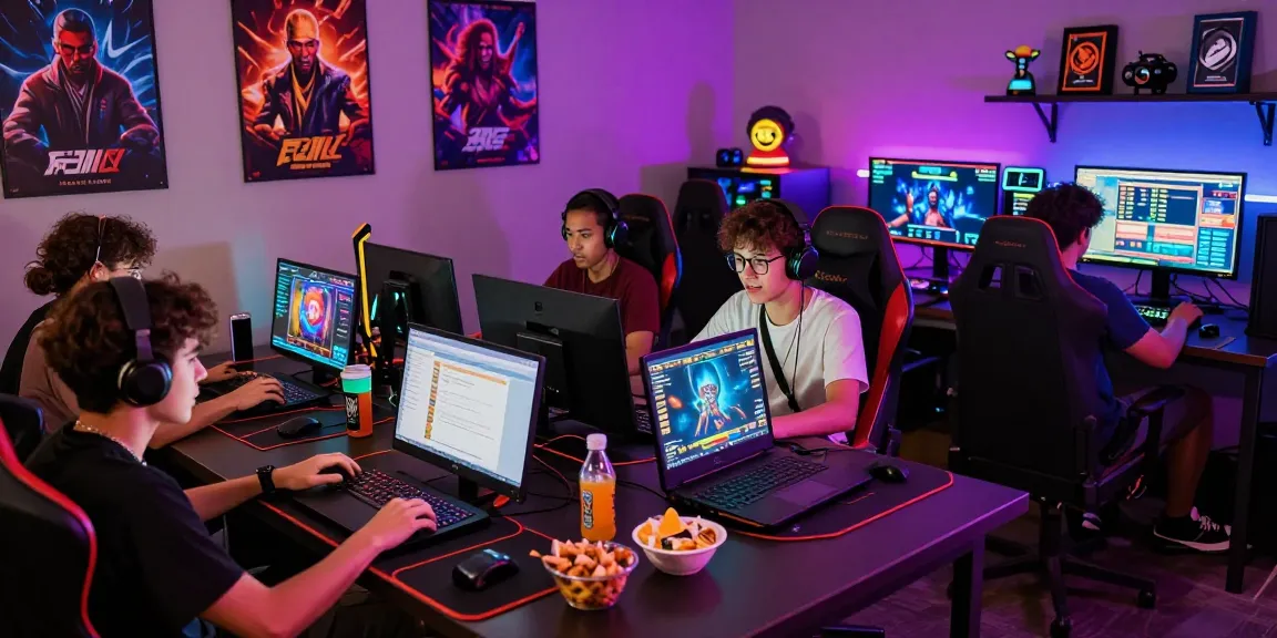 Engaged diverse gamers enjoying สล็อตเว็บตรง in a vibrant, tech-filled room with interactive gaming elements and excitement.