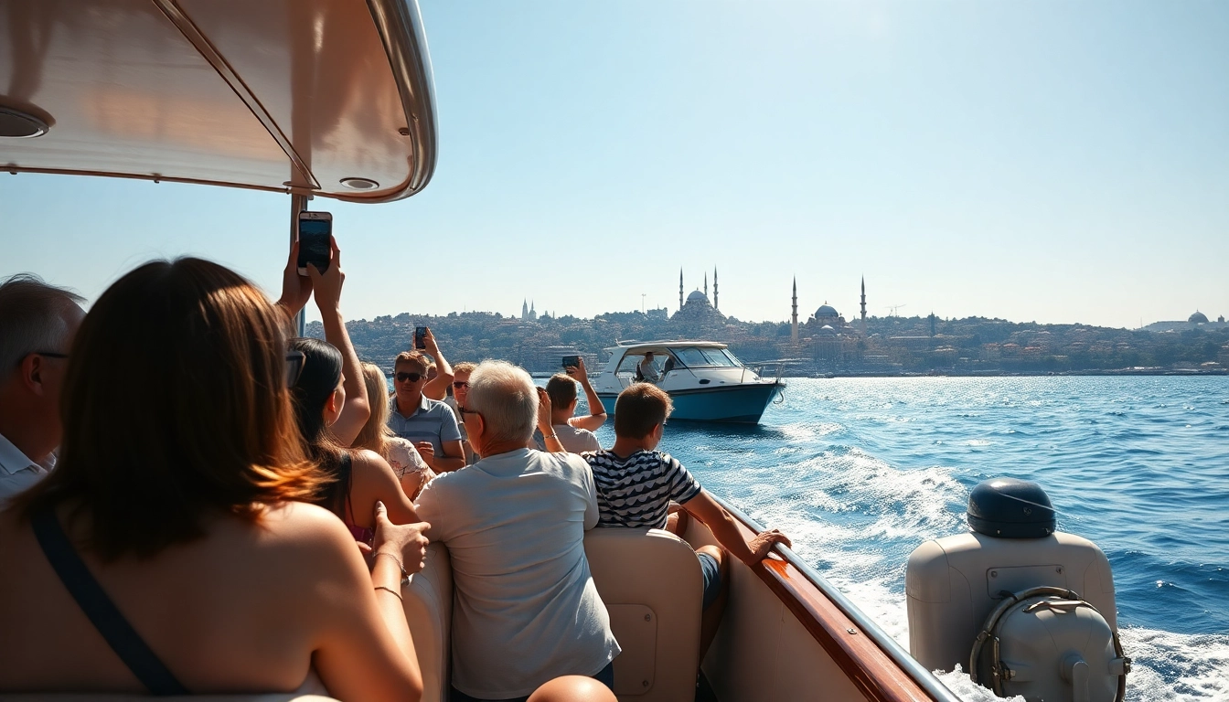Bosphorus daytime cruise with tourists enjoying scenic views of Istanbul's skyline.