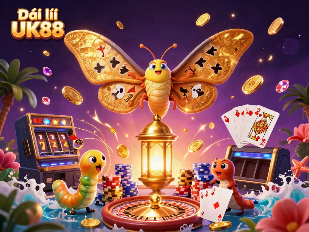 Engage with the Đại lý UK88 experience through vibrant casino-themed art showcasing a 3D moth emblem.