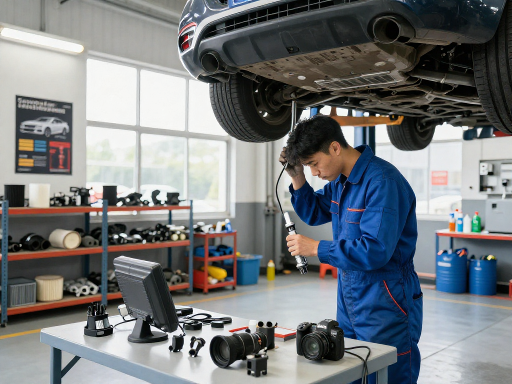 DPF Reinigung Laatzen in professioneller Werkstatt, Mechaniker inspiziert Auspuffsystem.