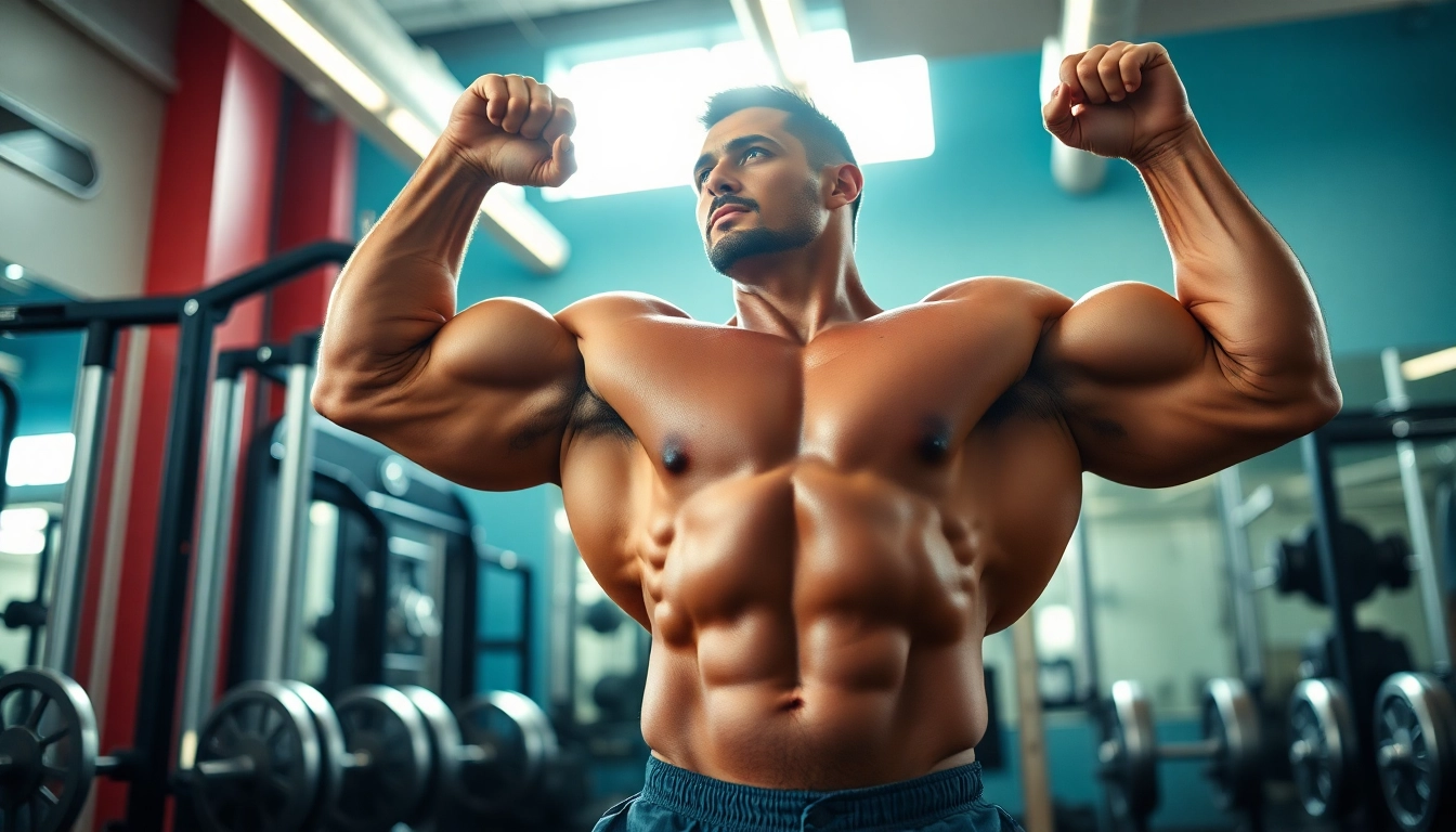 Sustanon 250 kaufen für Muskelaufbau in einem Fitnessstudio mit starkem Bodybuilder.