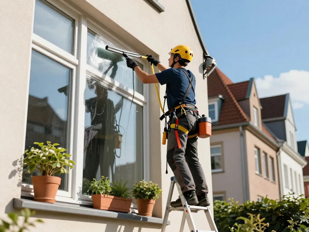 Fensterreinigungsdienst in Münster, der einen professionellen Fensterputzer zeigt, der für streifenfreien Glanz sorgt.