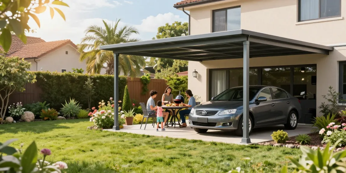 Moderner Carport im Garten mit Familie beim Grillen, sonnige Atmosphäre.