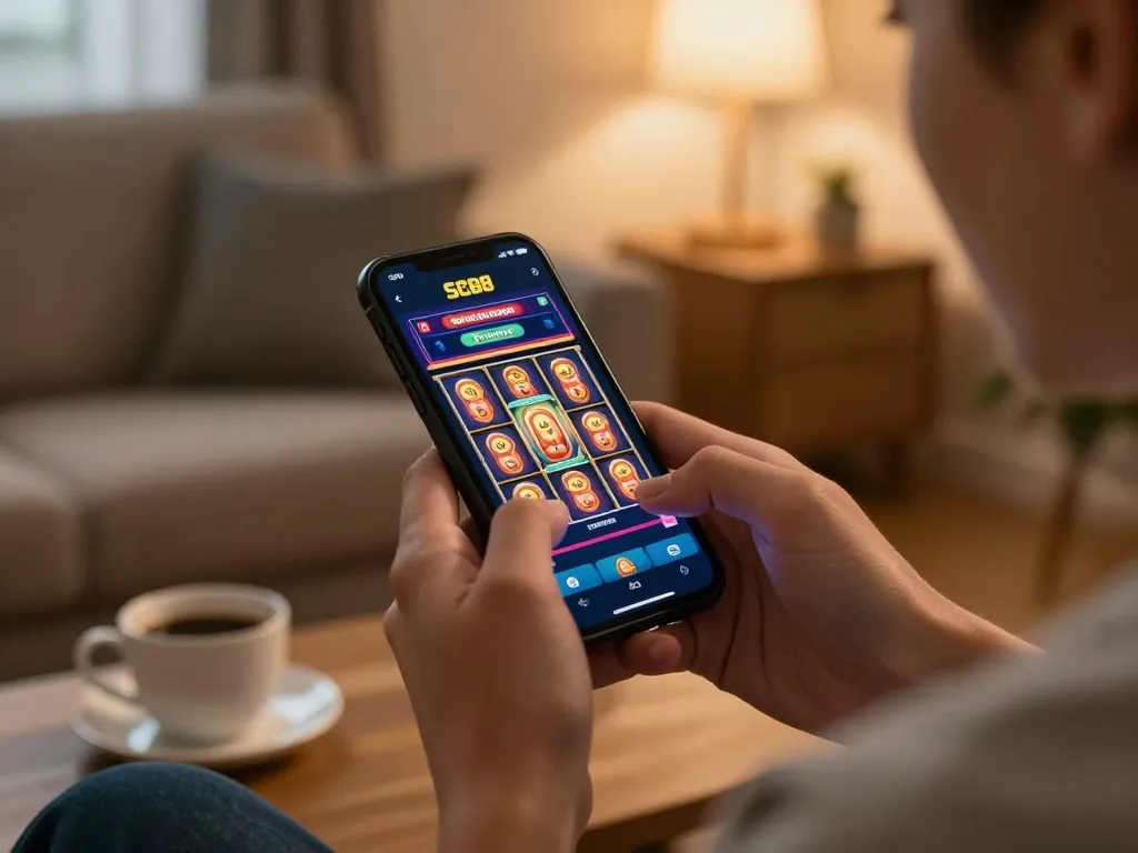 Engaging experience on the Trang chủ SC88 mobile app with vibrant slot visuals and cozy setting.