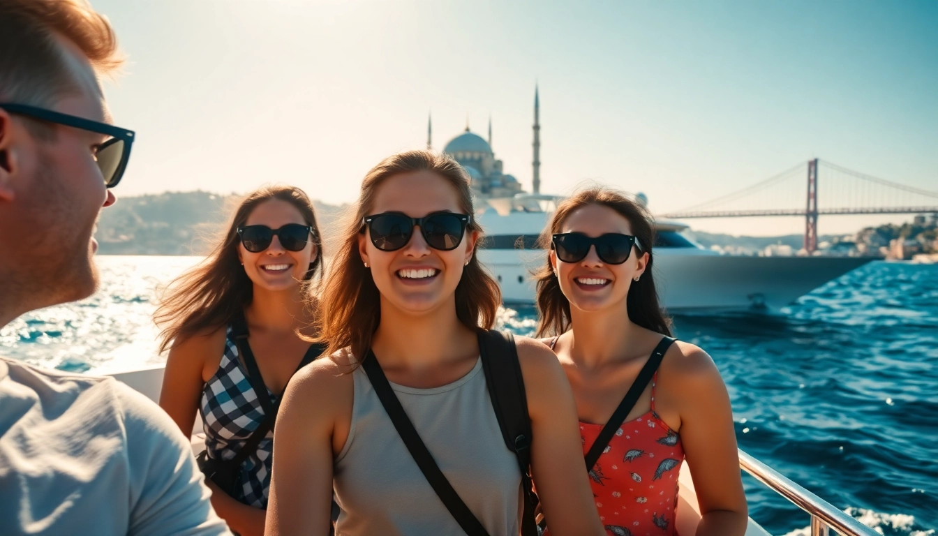 Bosphorus daytime cruise with tourists enjoying stunning views of Istanbul's skyline.