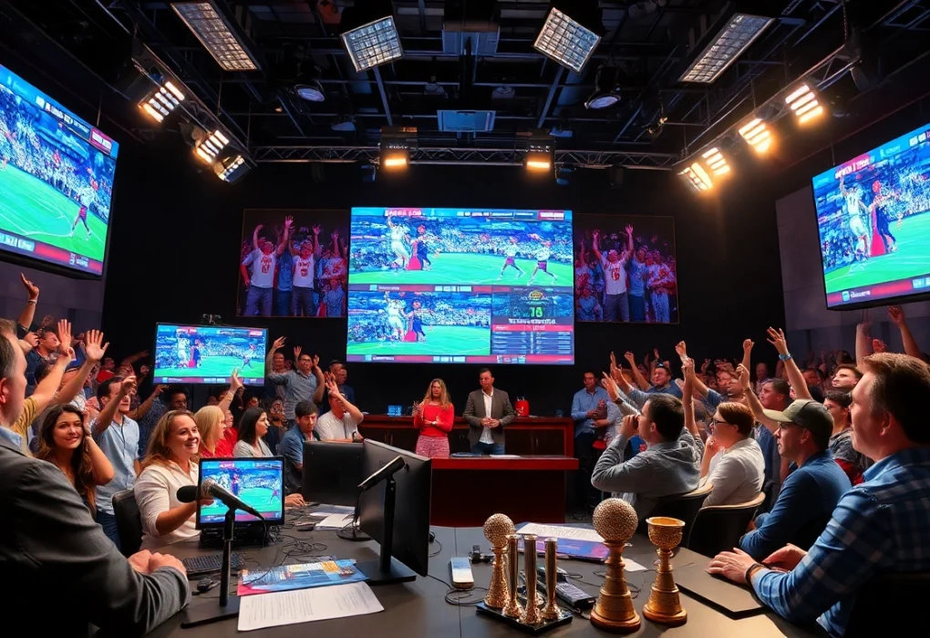 Engaging scene of sports broadcasting with hosts and live event screens showcasing Sports Broadcasting.