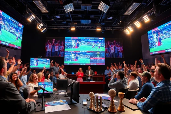Engaging scene of sports broadcasting with hosts and live event screens showcasing Sports Broadcasting.