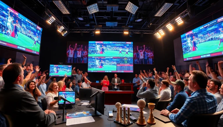 Engaging scene of sports broadcasting with hosts and live event screens showcasing Sports Broadcasting.