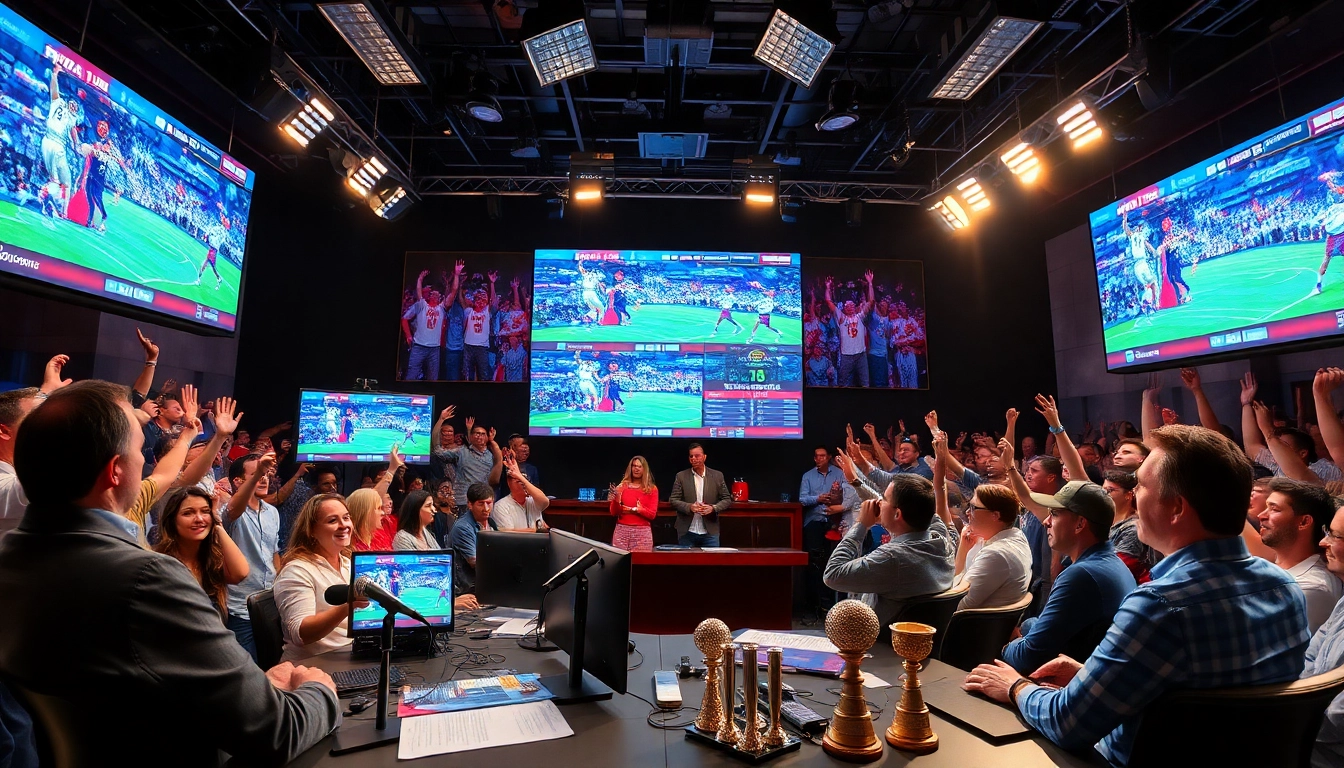 Engaging scene of sports broadcasting with hosts and live event screens showcasing Sports Broadcasting.