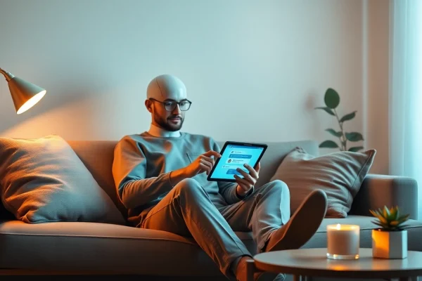 Engaging in ai sexting on a sleek tablet in a cozy, modern digital communication space.