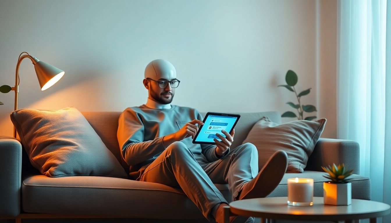 Engaging in ai sexting on a sleek tablet in a cozy, modern digital communication space.