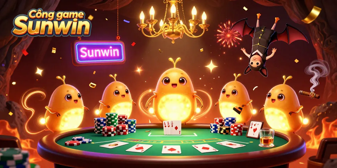 Cổng game Sunwin shines with glowing glowworms and a bat dealer in a vibrant casino scene.