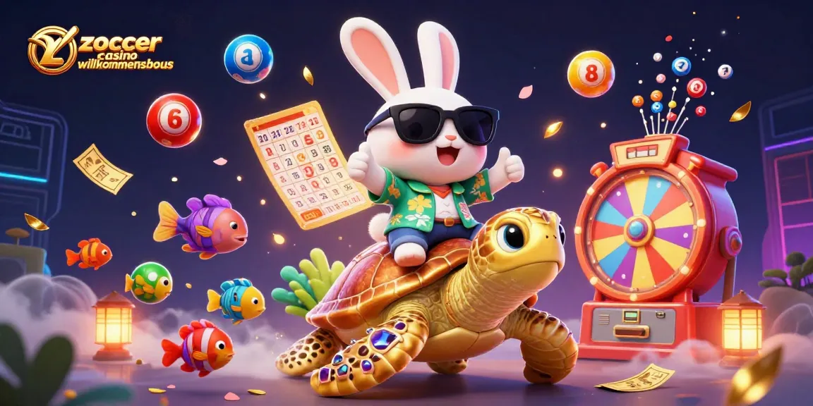 Zoccer Casino Willkommensbonus feiern mit einem glücklichen Cartoon-Kaninchen und einer goldenen Meeresschildkröte in einem dynamischen Casino-Szenario.