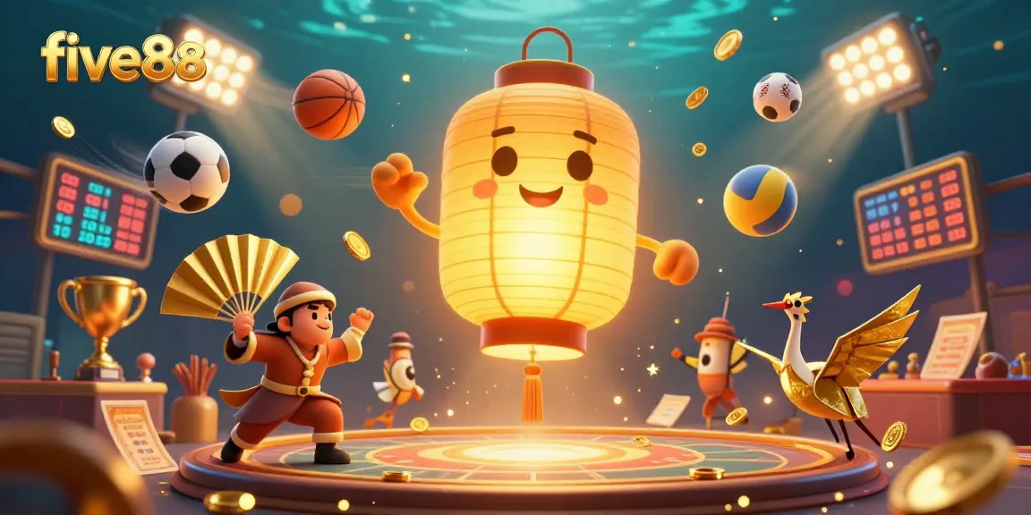 Experience thrilling action at five88 with a vibrant casino scene filled with animated sports elements and golden decorations.