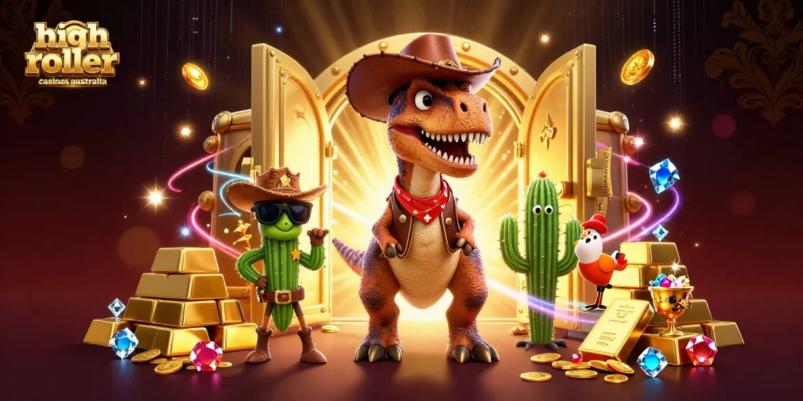 Experience excitement at high roller casinos Australia with a T-Rex, cactus, and roadrunner amid treasures.